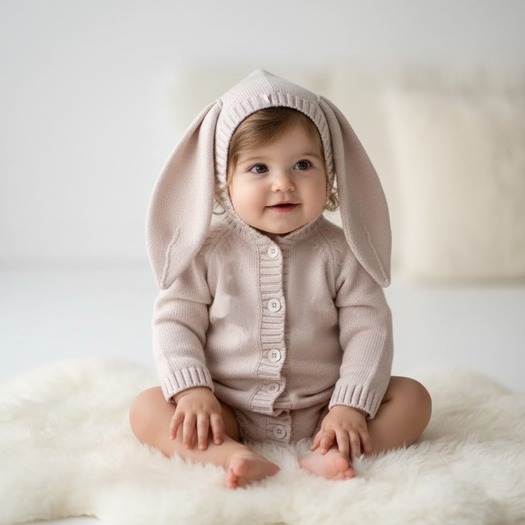 Baby wearing a pink bunny outfit with ears on a white background