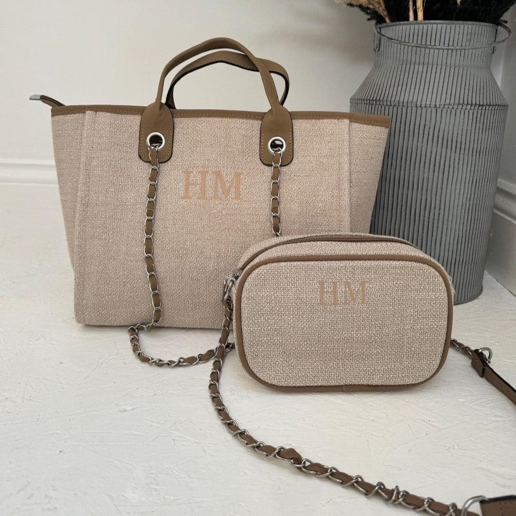 Personalised Cross Body Bag which is personalised alongside a personalised matching tote bag 
