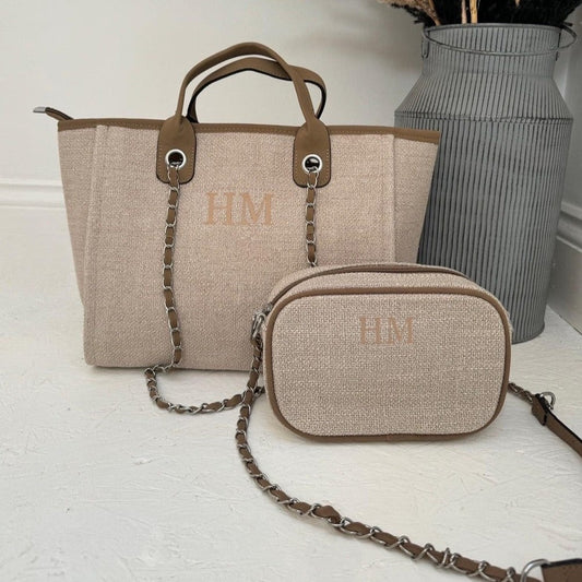 Personalised Cross Body Bag which is personalised alongside a personalised matching tote bag 