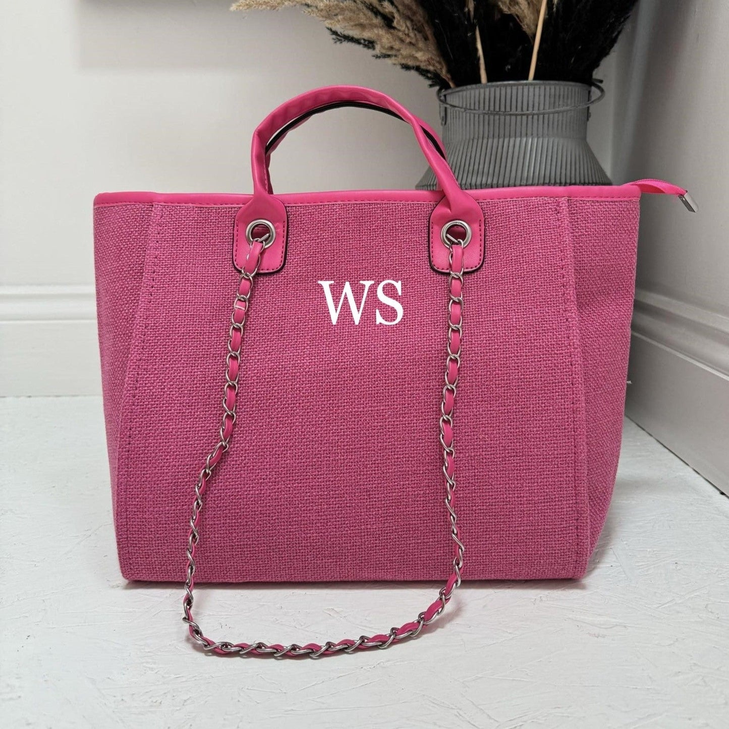 Pink personalised tote bag with WS on it