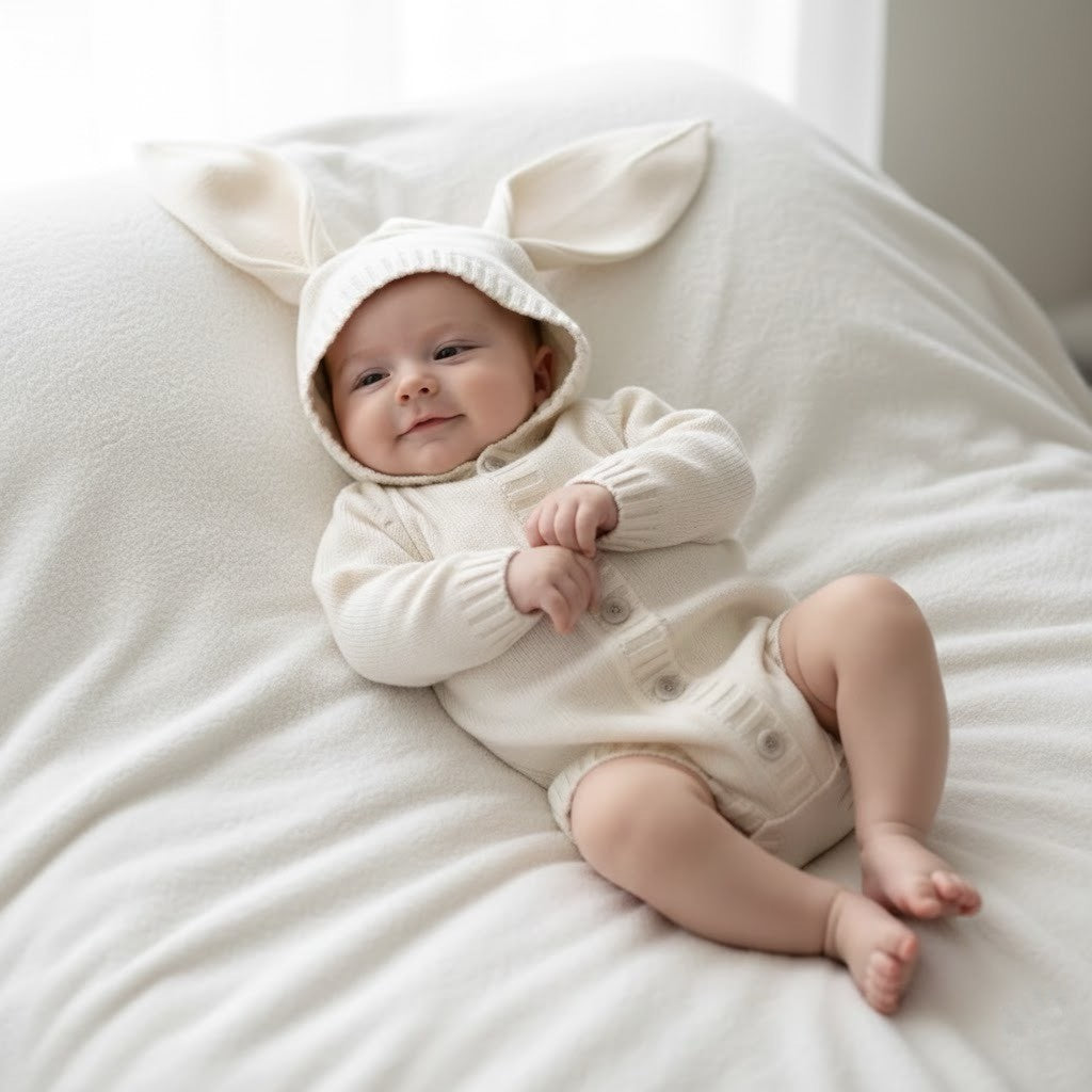 Baby wearing a white bunny onesie with ears on a white blanket