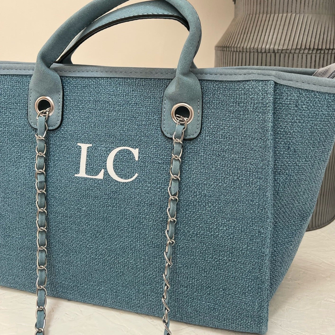 personalised blue tote bag with initials LC