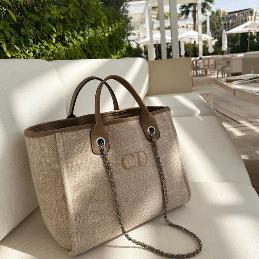 personalised brown tote bag on sofa