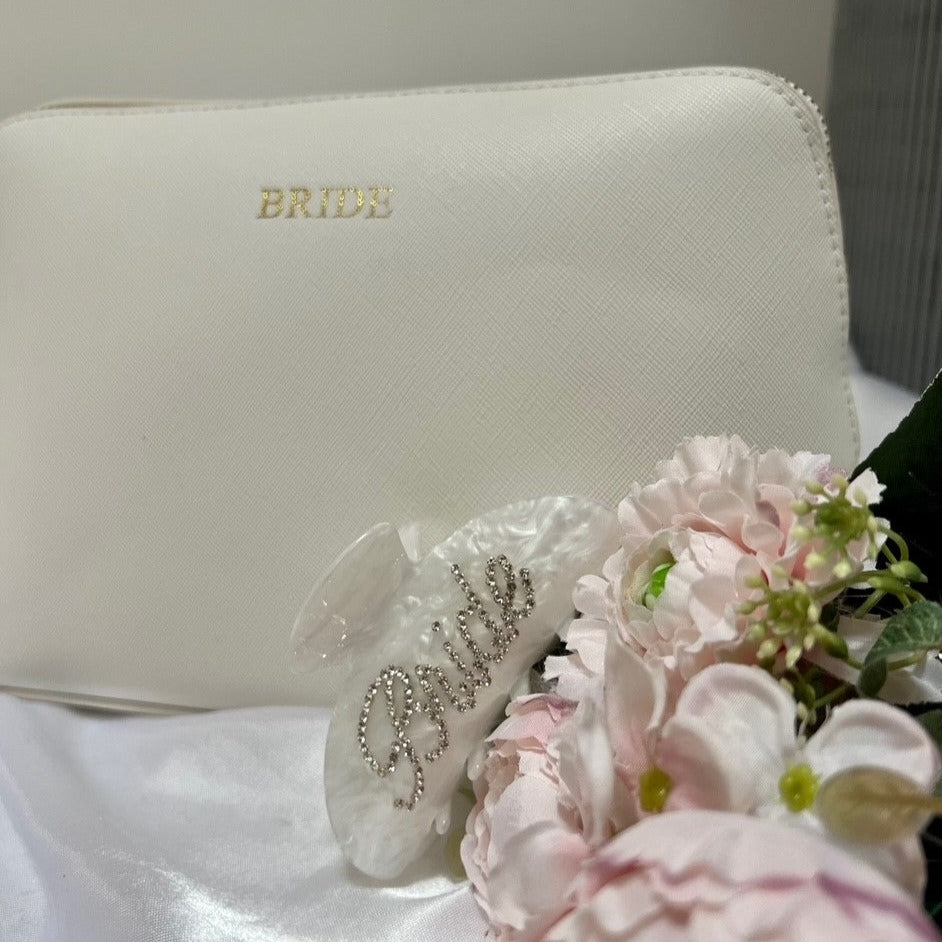 bridal hair clip with bride make up bag