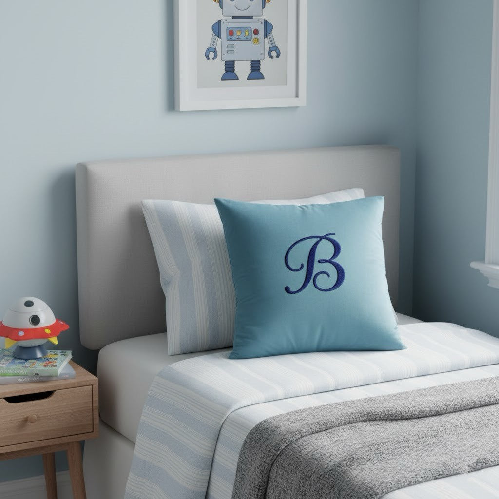 Blue personalised cushion with letter B on it in a blue boys bedroom