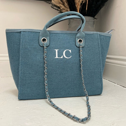 personalised blue tote bag