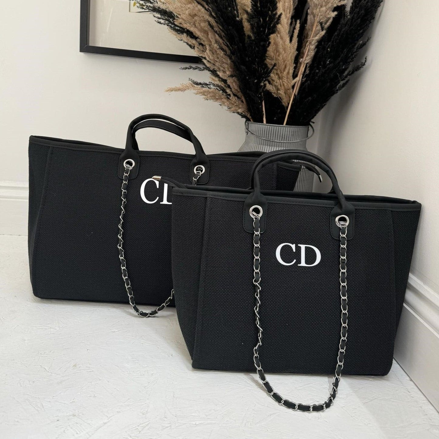 matching black tote weekend bags with custom initials on 