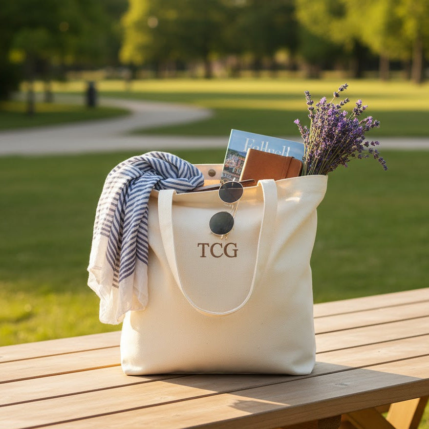  tote bag with 'TCG' initials on a wooden table in a park.